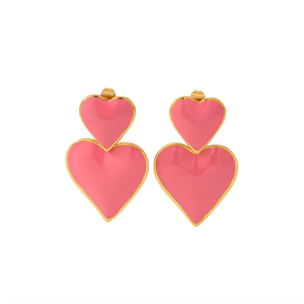 1 Pair Sweet Fresh Style Double Heart Shape Enamel Stainless Steel 18K Gold Plated Women's Drop Earrings h5 